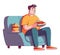 An adult sitting on a sofa eating an unhealthy snack