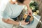 Adult smart man standing and making photo of food.