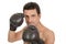 Adult smiling man boxing sport gloves boxer isolated