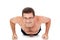 Adult smiling man doing workout pushups isolated