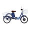 Adult tricycle with basket. A bicycle on three wheels. Ecological transport. Delivered of packages by cycling courier