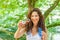 Adult woman blowing soap bubbles