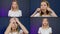 Adult woman is doing self-massage and fitness for face, collage of portraits