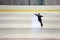An adult woman figure skater practices at an indoor ice rink