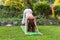 Adult woman practice yoga down dog  pose  outdoor in garden on grass summer day