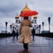 An adult woman with a red umbrella goes to the Cathedral of Christ the Savior