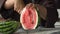 An adult woman`s hands with a knife are cutting a ripe watermelon closeup