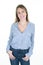 Adult woman smiling friendly stand casual relaxed pose blue stripped white collar shirt stand white background