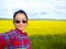 Adult Woman Taking Selfie Canola Field Alberta