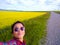 Adult Woman Taking Selfie Canola Field Alberta