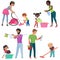 Adults and kids cleaning together. Children helping their parents with housework. Family in various cleaning positions