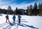 Adults snowshoeing thruogh forest in Kaiserau with mountain Rottenmanner Tauern