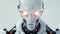 Advanced humanoid robot with red glowing eyes. Modern white android. Futuristic artificial intelligence concept for