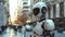 Advanced humanoid robot in urban settings. Modern white robot android in city street. High-tech artificial intelligence