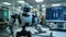 Advanced humanoid robot working with computer in lab