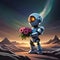 An advanced robot holding a bunch of flowers - ai generated image