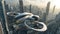 Advanced technology and urban energy as flying taxi glides through city of tomorrow
