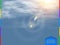 Advection white vector cloud with sunlight lens flare isolated translucent special effect. Sun, fog or smog on spring blue