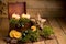 Advent arrangement with candles, moss and orange slices