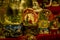 Advent Bazaar Stalls with glass, wooden, ceramic christmas souvenirs in shops. Close up of festive decorations for