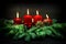 Advent decoration. Four red burning candles. Vintage style