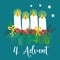 Advent wreath illustration. Christmas arrangements with 4 candles, four burning, bows, berries and pine branches. 4th