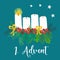 Advent wreath illustration. Christmas arrangements with 4 candles, one burning, bows, berries and pine branches. 1st