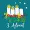 Advent wreath illustration. Christmas arrangements with 4 candles, two burning, bows, berries and pine branches. 2nd