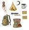 Adventure awaits. Compass, backpack, tent, hiking mug, moon, letters, suitcase