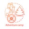 Adventure camp concept icon. Summer hiking and camping club, holiday resort idea thin line illustration. Backpacking in