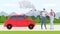 Adventure by car near mountain, vector illustration.Tourist couple character travel at holiday, vacation trip with flat