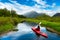 Adventure Caucasian Adult Woman Kayaking in Red Kayak