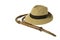 Adventure concept. Fedora hat and bullwhip isolated
