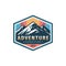 Adventure expedition mountain badge design. Extreme traveling logo in flat vintage style. Hiking climbing sport training. Vector i