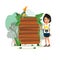 Adventure girl with presenting jungle wood board -