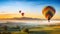 Adventure of hot air ballooning over a Landscape of rolling hills and meadows