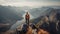 An adventure man or a hiker standing at the edge cliff in a high mountain peak watching the ridge mountain