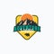 Adventure mountain, sun, forest, and grizzly badge vector illustration design. Colorful vintage adventure emblem logo concept