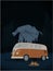 Adventure is out there. Old van in thee woodland. Mountain retro poster.