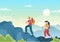 Adventure Tour on the Theme of Climbing, Trekking, Hiking, Walking or Vacation with Forest and Mountain Views in Illustration