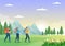 Adventure Tour on the Theme of Climbing, Trekking, Hiking, Walking or Vacation with Forest and Mountain Views in Illustration