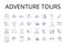 Adventure tours line icons collection. Eco trips, Culture tours, Wildlife safaris, Beach getaways, City breaks, Food