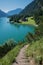 Adventure trail along the lakeside of achensee, austrian spring