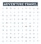 Adventure travel vector line icons set. Adventure, Travel, Expedition, Trekking, Exploring, Backpacking, Canoeing