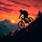 Adventure in twilight silhouette of a mountain biker at sunset