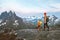 Adventure vacation in Norway: Active family hiking on scenic mountain trails Mother and child explore the outdoors