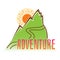 Adventure. Vector emblem inscription on the background of mountains.