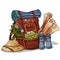 Adventurer pack lineart colorful illustration. Fantasy character backpack with explorer items. Treasure bag comic style doodle