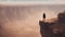 adventurer stands on the edge of a sheer cliff overlooking a vast canyon
