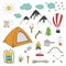 Adventures, camping, travel hand drawn design elements